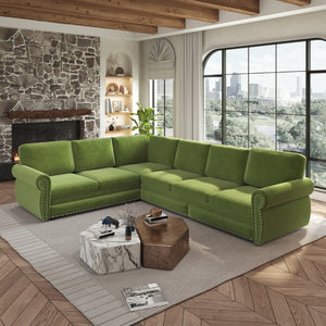 English Elm 118 Inch Chenille Sleeper Sectional with Nailhead Trim Six Seat L-Shaped Living Room Sofa W1885S00477