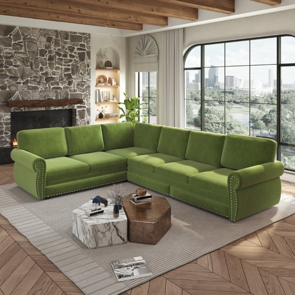 English Elm 118 Inch Chenille Sleeper Sectional with Nailhead Trim Six Seat L-Shaped Living Room Sofa W1885S00477