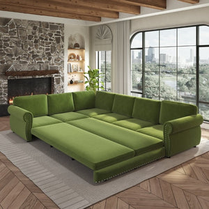 English Elm 118 Inch Chenille Sleeper Sectional with Nailhead Trim Six Seat L-Shaped Living Room Sofa W1885S00477