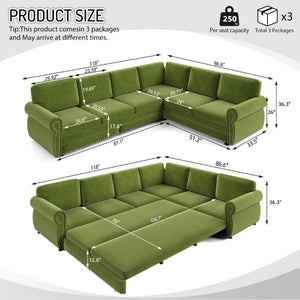 English Elm 118 Inch Chenille Sleeper Sectional with Nailhead Trim Six Seat L-Shaped Living Room Sofa W1885S00477