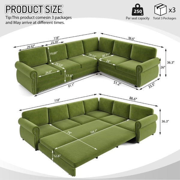 English Elm 118 Inch Chenille Sleeper Sectional with Nailhead Trim Six Seat L-Shaped Living Room Sofa W1885S00477