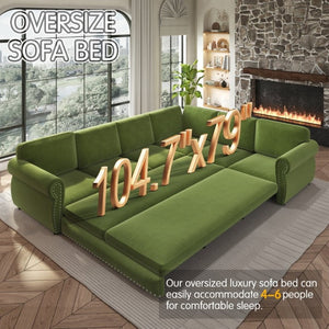 English Elm 118 Inch Chenille Sleeper Sectional with Nailhead Trim Six Seat L-Shaped Living Room Sofa W1885S00477
