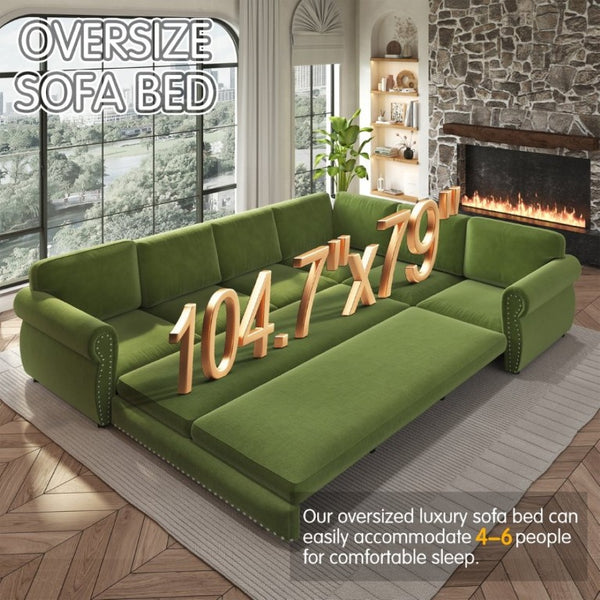English Elm 118 Inch Chenille Sleeper Sectional with Nailhead Trim Six Seat L-Shaped Living Room Sofa W1885S00477