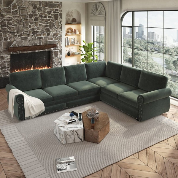 English Elm 118 Inch Chenille Sleeper Sectional with Nailhead Trim Rolled Arms and King Pull-Out Bed W1885S00482