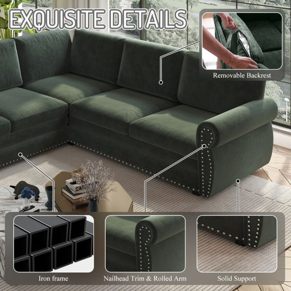 English Elm 118 Inch Chenille Sleeper Sectional with Nailhead Trim Rolled Arms and King Pull-Out Bed W1885S00482