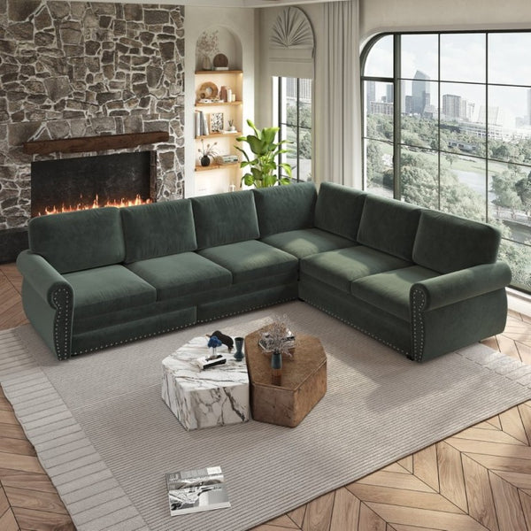 English Elm 118 Inch Chenille Sleeper Sectional with Nailhead Trim Rolled Arms and King Pull-Out Bed W1885S00482
