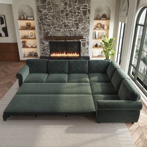 English Elm 118 Inch Chenille Sleeper Sectional with Nailhead Trim Rolled Arms and King Pull-Out Bed W1885S00482