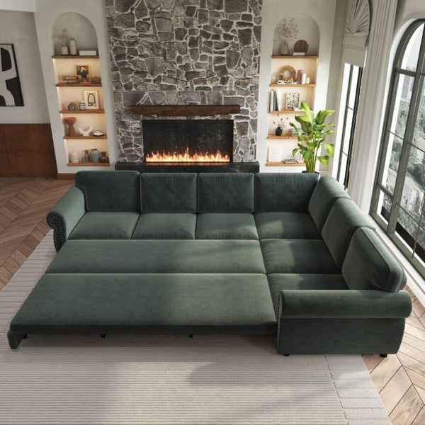 English Elm 118 Inch Chenille Sleeper Sectional with Nailhead Trim Rolled Arms and King Pull-Out Bed W1885S00482