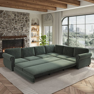 English Elm 118 Inch Chenille Sleeper Sectional with Nailhead Trim Rolled Arms and King Pull-Out Bed W1885S00482