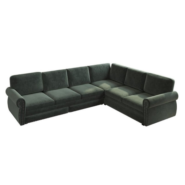 English Elm 118 Inch Chenille Sleeper Sectional with Nailhead Trim Rolled Arms and King Pull-Out Bed W1885S00482