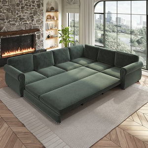 English Elm 118 Inch Chenille Sleeper Sectional with Nailhead Trim Rolled Arms and King Pull-Out Bed W1885S00482