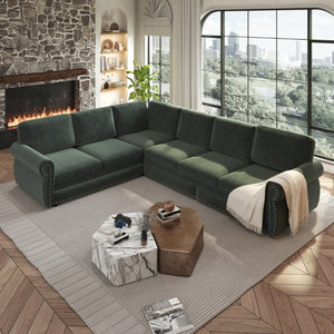 English Elm 118 Inch Chenille Sleeper Sectional with Nailhead Trim Rolled Arms and King Pull-Out Bed W1885S00482