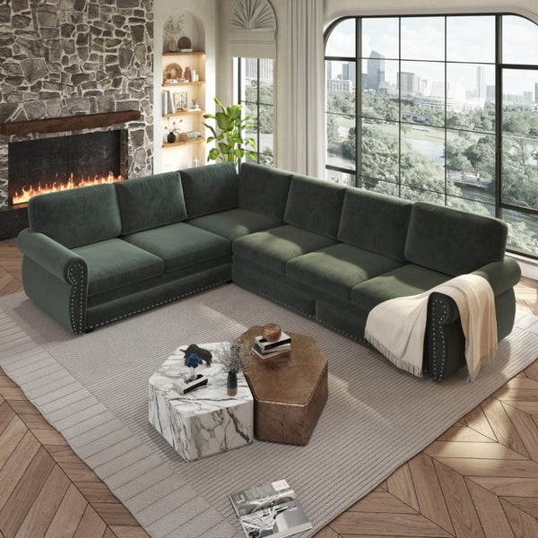 English Elm 118 Inch Chenille Sleeper Sectional with Nailhead Trim Rolled Arms and King Pull-Out Bed W1885S00482