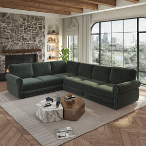 English Elm 118 Inch Chenille Sleeper Sectional with Nailhead Trim Rolled Arms and King Pull-Out Bed W1885S00482