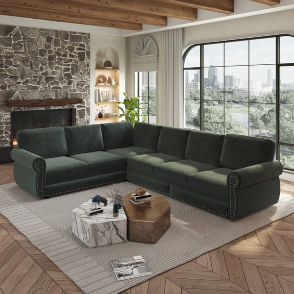 English Elm 118 Inch Chenille Sleeper Sectional with Nailhead Trim Rolled Arms and King Pull-Out Bed W1885S00482