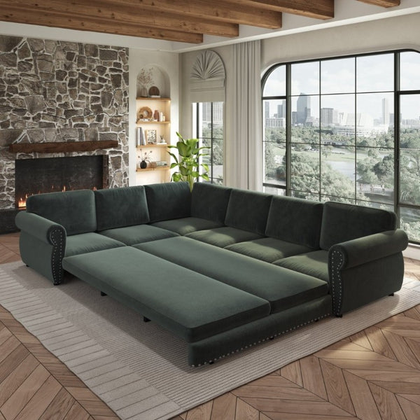English Elm 118 Inch Chenille Sleeper Sectional with Nailhead Trim Rolled Arms and King Pull-Out Bed W1885S00482