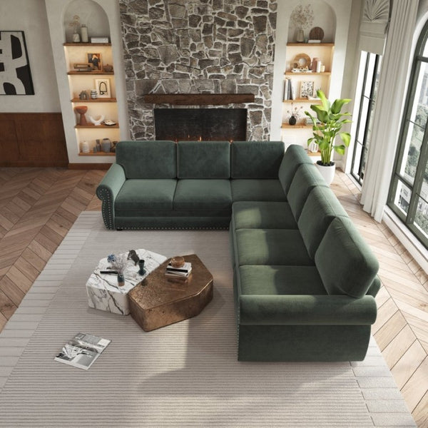 English Elm 118 Inch Chenille Sleeper Sectional with Nailhead Trim Rolled Arms and King Pull-Out Bed W1885S00482