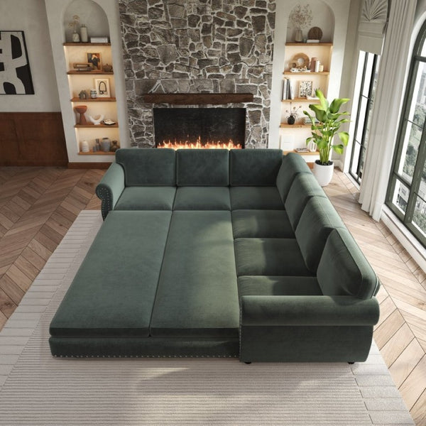 English Elm 118 Inch Chenille Sleeper Sectional with Nailhead Trim Rolled Arms and King Pull-Out Bed W1885S00482