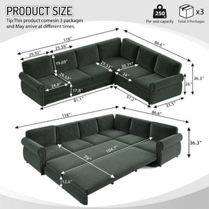 English Elm 118 Inch Chenille Sleeper Sectional with Nailhead Trim Rolled Arms and King Pull-Out Bed W1885S00482