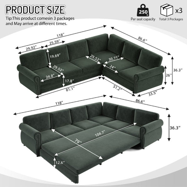 English Elm 118 Inch Chenille Sleeper Sectional with Nailhead Trim Rolled Arms and King Pull-Out Bed W1885S00482