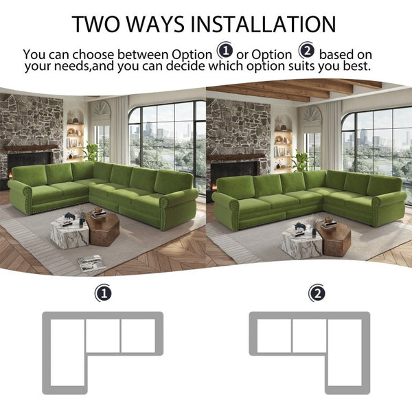 English Elm 118 Inch Chenille Sectional Sleeper Sofa with Nailhead Trim and Rolled Arms for Living Room W1885S00485