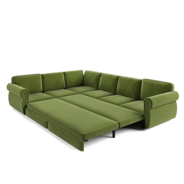 English Elm 118 Inch Chenille Sectional Sleeper Sofa with Nailhead Trim and Rolled Arms for Living Room W1885S00485