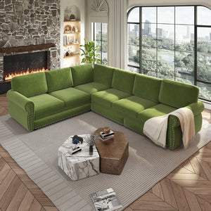 English Elm 118 Inch Chenille Sectional Sleeper Sofa with Nailhead Trim and Rolled Arms for Living Room W1885S00485