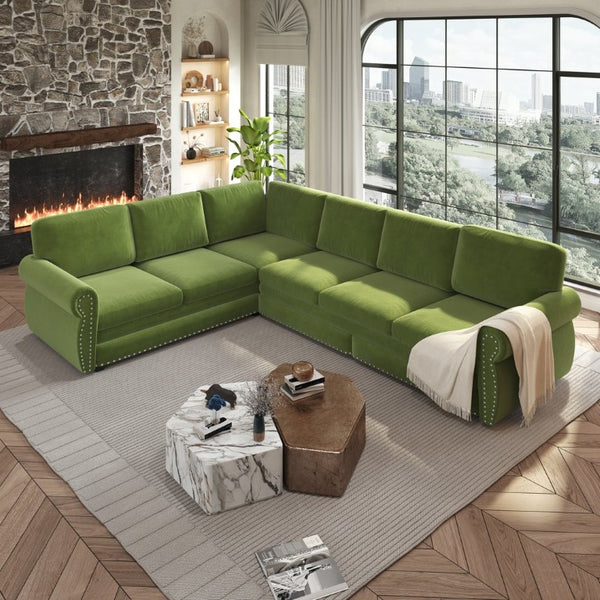 English Elm 118 Inch Chenille Sectional Sleeper Sofa with Nailhead Trim and Rolled Arms for Living Room W1885S00485