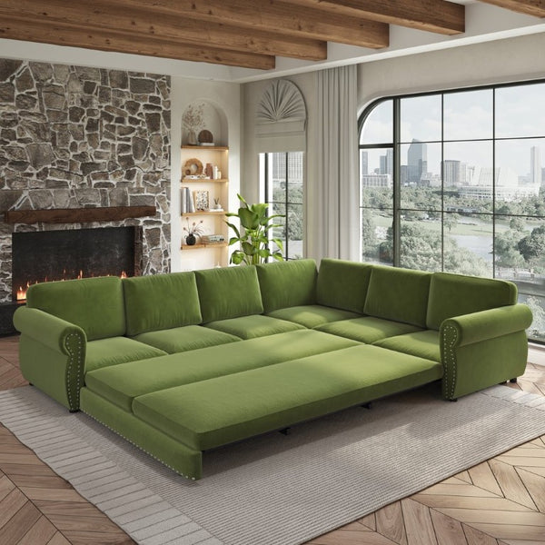 English Elm 118 Inch Chenille Sectional Sleeper Sofa with Nailhead Trim and Rolled Arms for Living Room W1885S00485