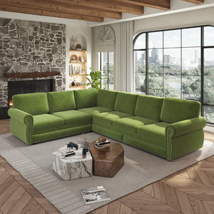 English Elm 118 Inch Chenille Sectional Sleeper Sofa with Nailhead Trim and Rolled Arms for Living Room W1885S00485