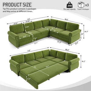 English Elm 118 Inch Chenille Sectional Sleeper Sofa with Nailhead Trim and Rolled Arms for Living Room W1885S00485