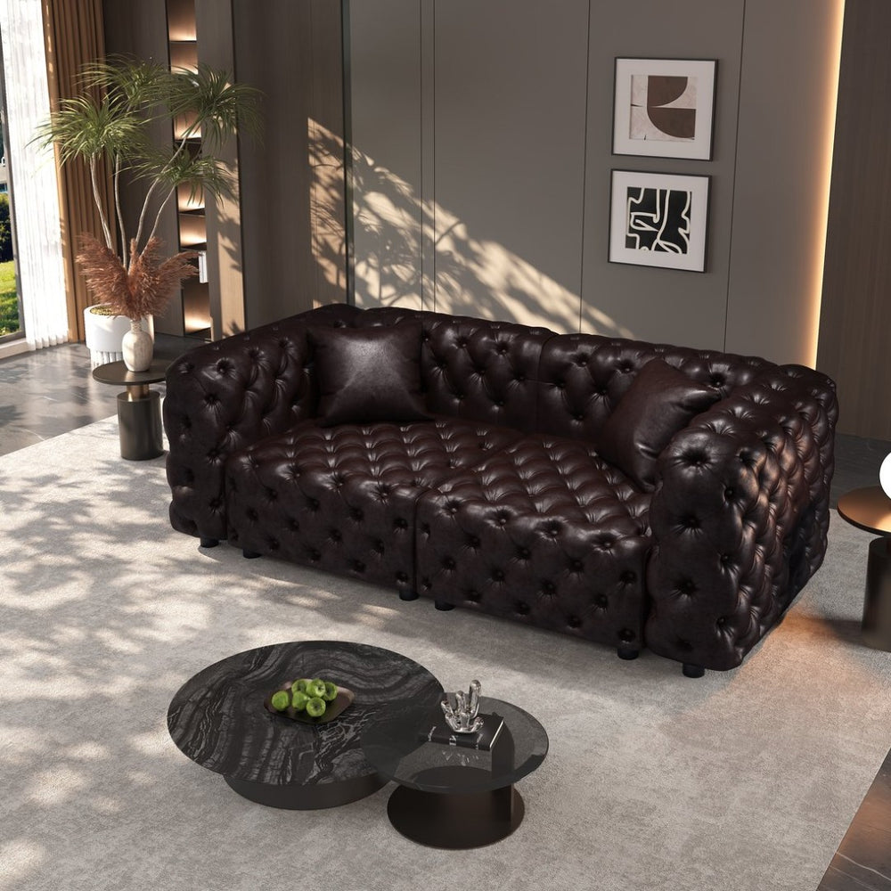 English Elm 77" Faux Leather Modular Sectional Sofa Hand Tufted Italian Style for Living Room Brown W1885S00489
