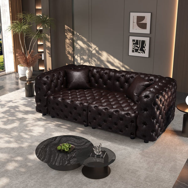 English Elm 77" Faux Leather Modular Sectional Sofa Hand Tufted Italian Style for Living Room Brown W1885S00489