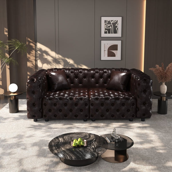 English Elm 77" Faux Leather Modular Sectional Sofa Hand Tufted Italian Style for Living Room Brown W1885S00489