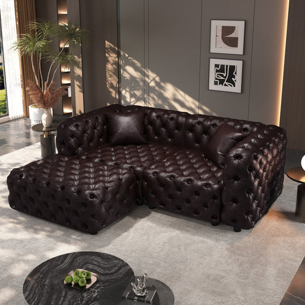 English Elm 77" Faux Leather Modular Sectional Sofa with Italian Button Tufting and Ottoman W1885S00490