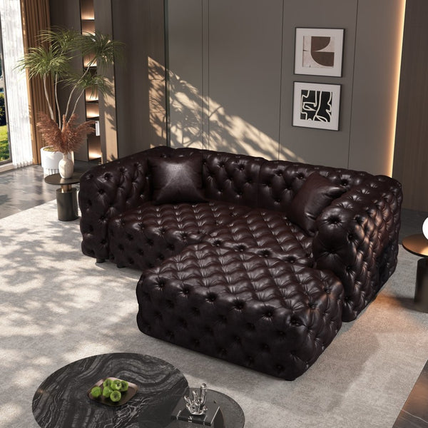 English Elm 77" Faux Leather Modular Sectional Sofa with Italian Button Tufting and Ottoman W1885S00490