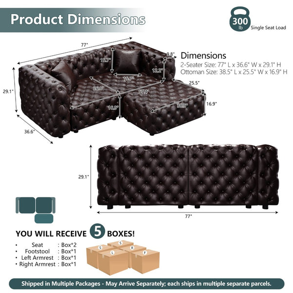 English Elm 77" Faux Leather Modular Sectional Sofa with Italian Button Tufting and Ottoman W1885S00490