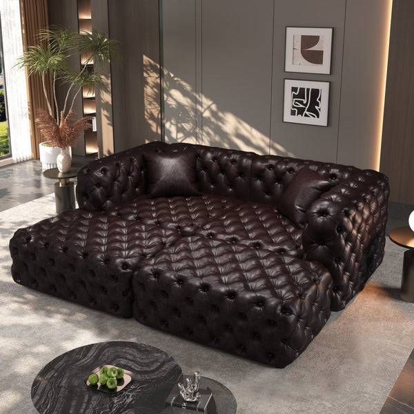English Elm 77" Faux Leather Modular Sectional Sofa with Hand Tufted Panels Ottomans Living Room W1885S00491