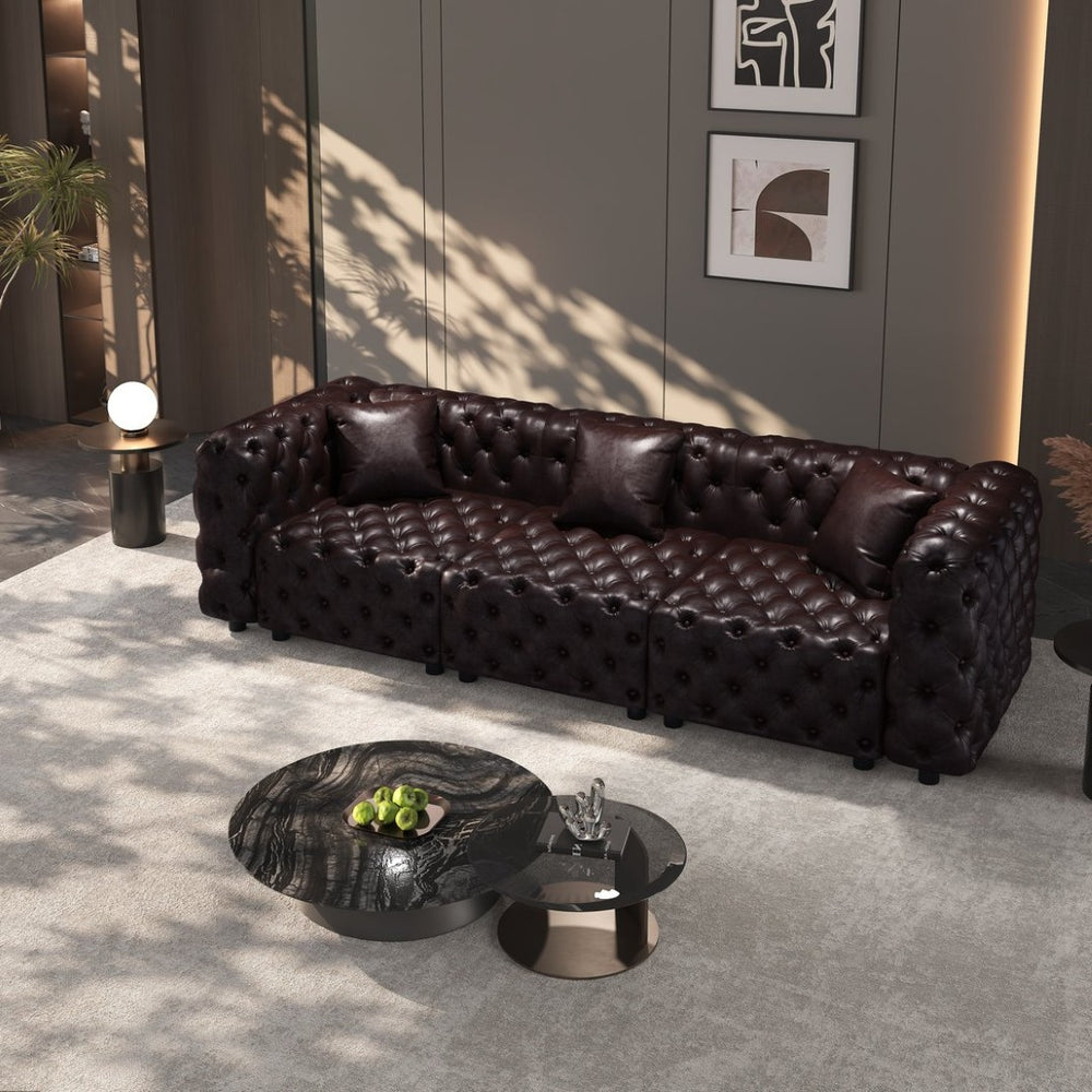 English Elm 105.7" Modular Faux Leather Sectional Sofa with Tufted Italian Style and Solid Wood Frame Brown W1885S00492