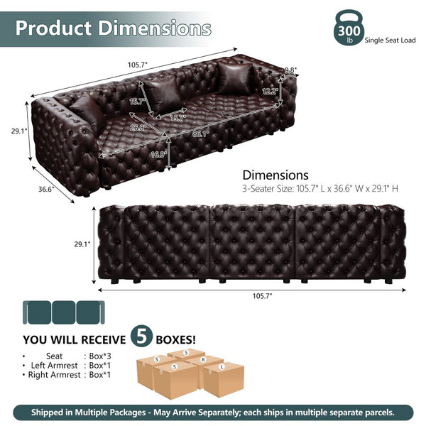 English Elm 105.7" Modular Faux Leather Sectional Sofa with Tufted Italian Style and Solid Wood Frame Brown W1885S00492