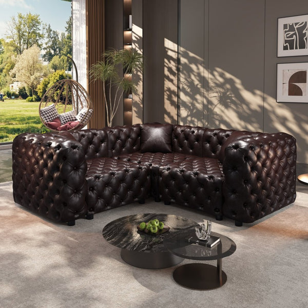 English Elm 75.1" Faux Leather Modular Sectional Sofa with Hand Tufted Cushions for Living Room Brown W1885S00493