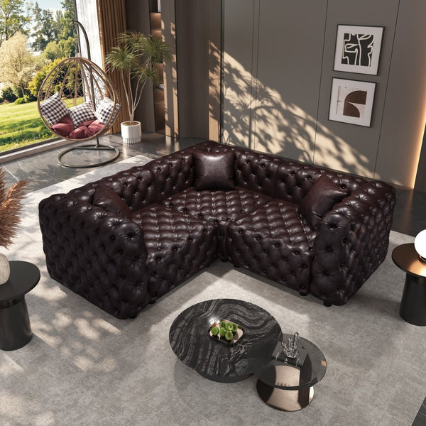 English Elm 75.1" Faux Leather Modular Sectional Sofa with Hand Tufted Cushions for Living Room Brown W1885S00493