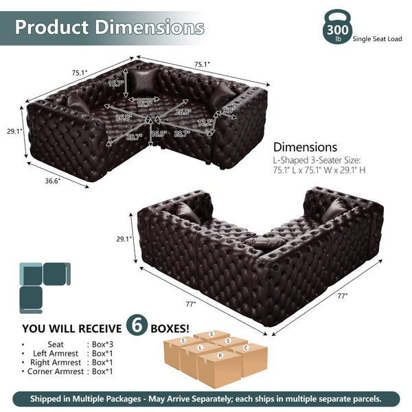 English Elm 75.1" Faux Leather Modular Sectional Sofa with Hand Tufted Cushions for Living Room Brown W1885S00493