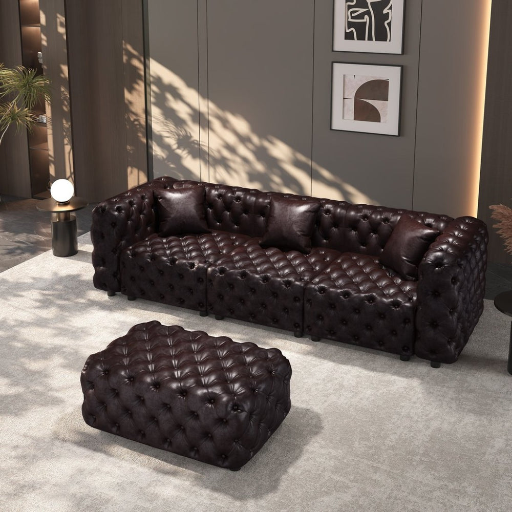 English Elm 105.7" Modular Faux Leather Sectional Sofa with Hand Tufted Italian Style and Ottoman W1885S00494