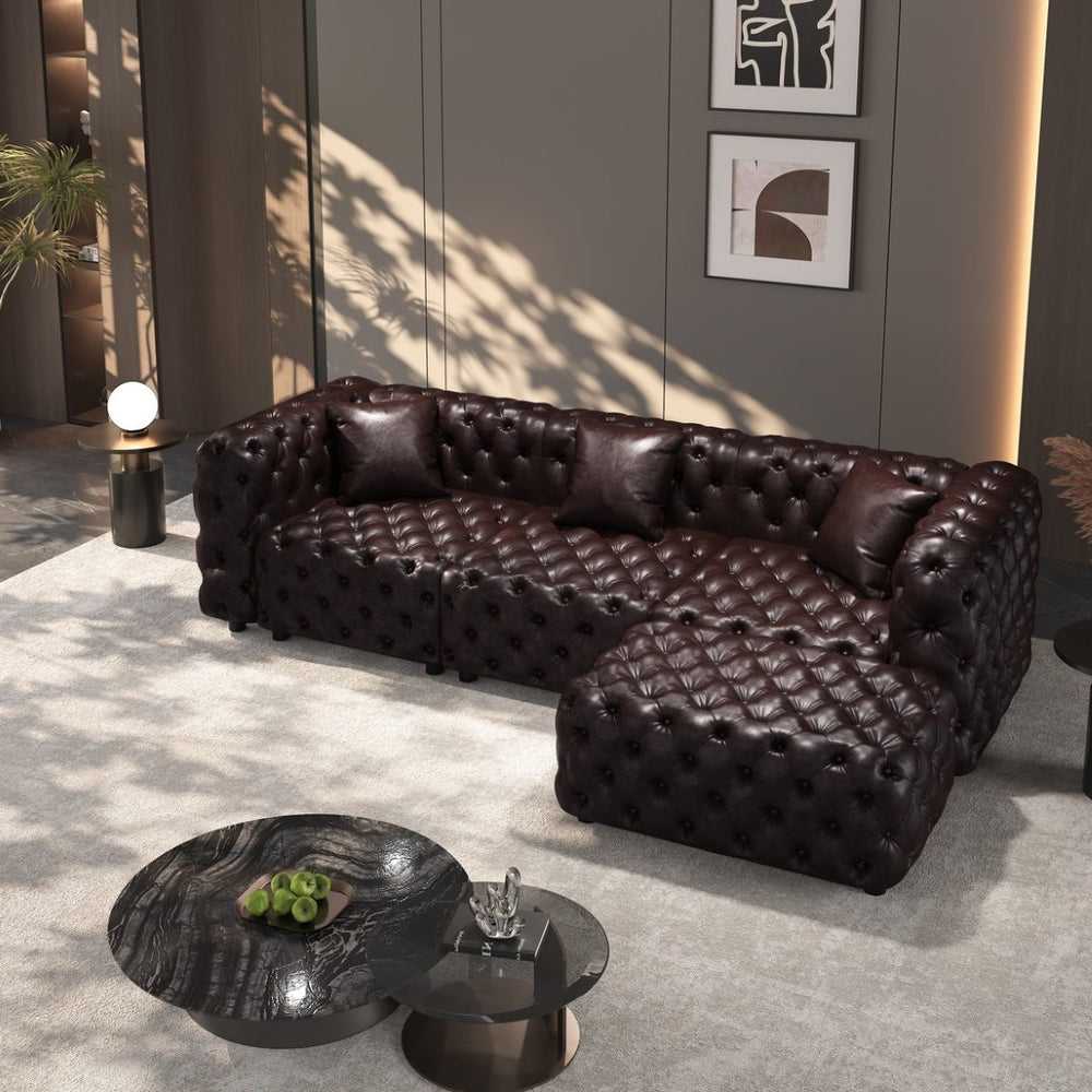 English Elm 105.7" Modular Faux Leather Sectional Sofa with Hand Tufted Italian Style and Ottoman W1885S00494