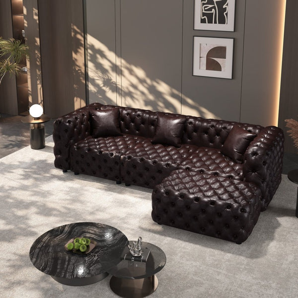 English Elm 105.7" Modular Faux Leather Sectional Sofa with Hand Tufted Italian Style and Ottoman W1885S00494