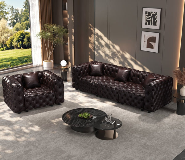 English Elm Modern Button Tufted Faux Leather Modular Sectional Sofa with 26 Configurable Layouts Brown W1885S00495