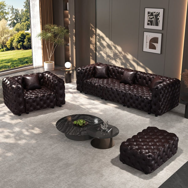 English Elm Modern Faux Leather Modular Sectional Sofa with Italian Tufting Ottoman Living Room Brown W1885S00496