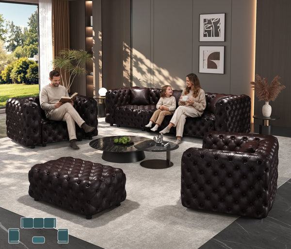 English Elm Modern Faux Leather Modular Sectional Sofa with Handcrafted Tufting Ottoman and Pillows Brown W1885S00497
