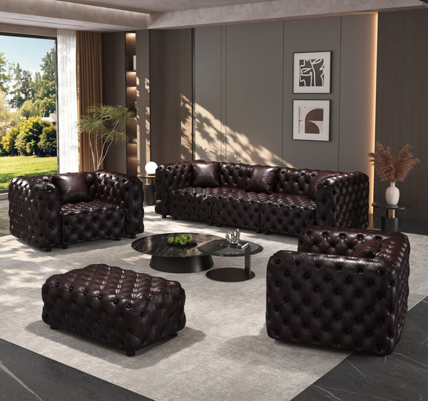 English Elm Modern Faux Leather Modular Sectional Sofa with Handcrafted Tufting Ottoman and Pillows Brown W1885S00497